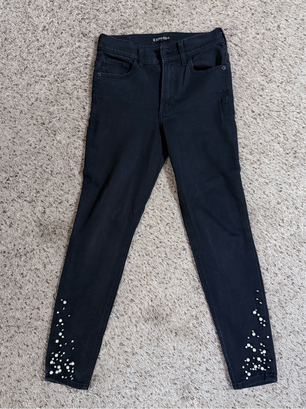 Express Black High Rise Ankle Legging Skinny Jeans with Pearl Embellishment